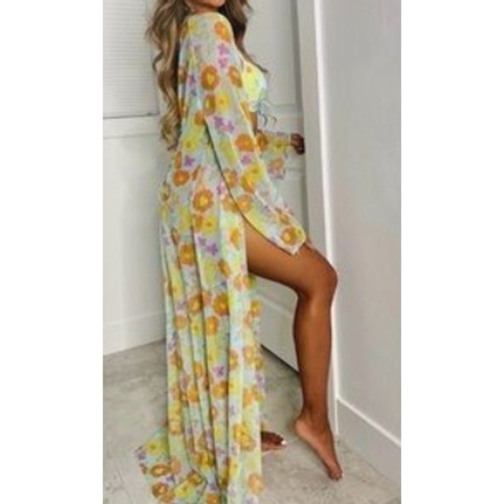 Savage X Fenty Floral Mesh Maxi Robe Duster Lace Up Back M/L NWT